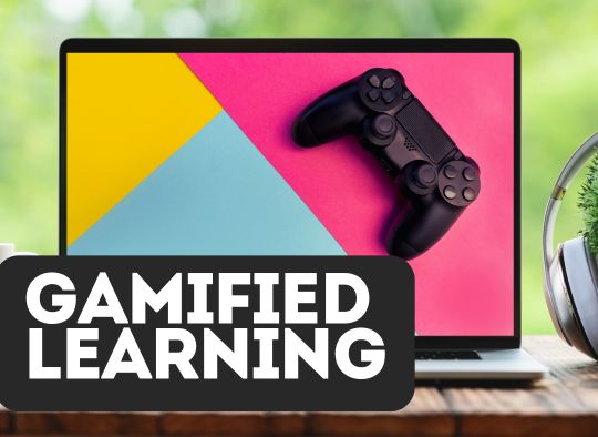 Computer with image of game remote and title Gamified Learning